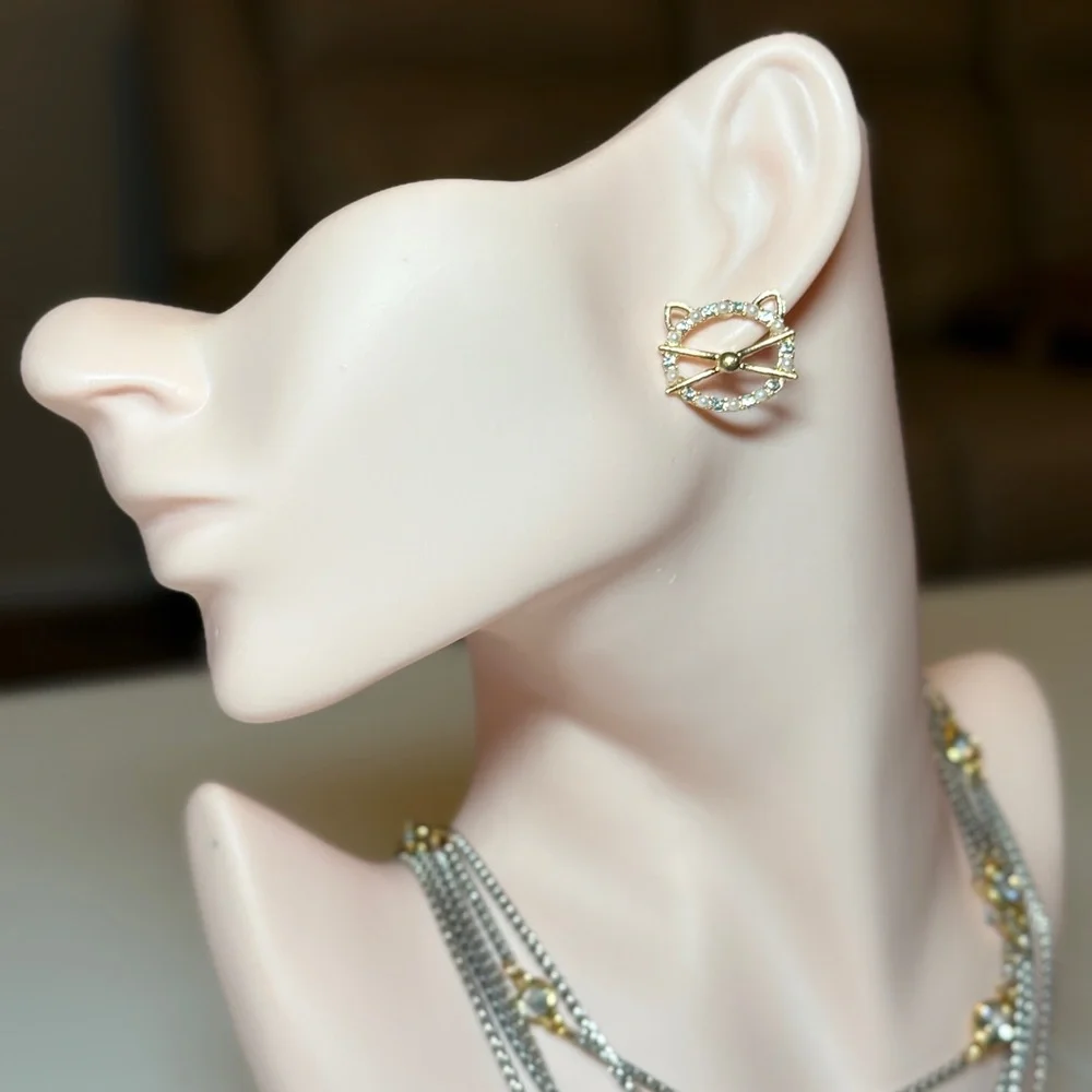 Gold Cat Face Crystal Stud Earrings - Women Jewelry